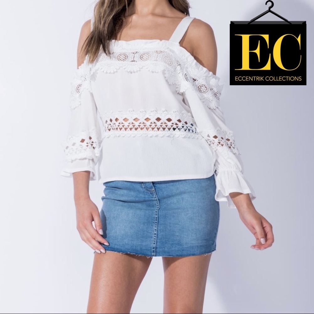 White Lace Trim Cold Shoulder Top